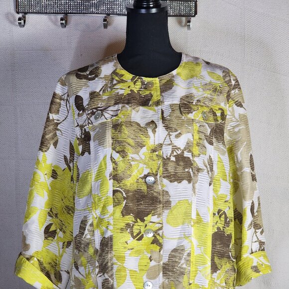 Alfred Dunner Citron Yellow Brown Floral Pearlized Button Up Poly Shacket Sz 16 - Picture 3 of 16